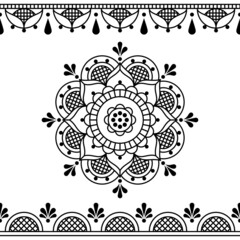 Floral line art vector black design inspired by the traditional lace and embroidery patterns, retro wedding invitation or greeting card backgorund with mandala and frame
