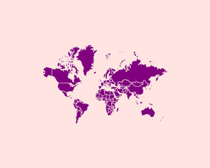 Modern Velvet Violet Color High Detailed Border Map Of World, Isolated on Pink Background Vector Illustration