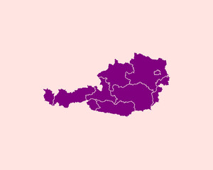 Modern Velvet Violet Color High Detailed Border Map Of Austria, Isolated on Pink Background Vector Illustration