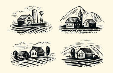 Village landscape sketch. Vintage vineyard farm. Hand drawn agricultural plantation with rustic houses