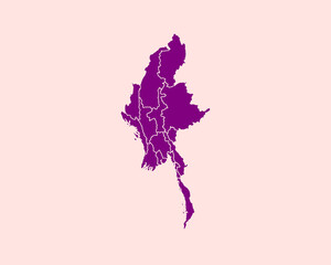 Modern Velvet Violet Color High Detailed Border Map Of Myanmar, Isolated on Pink Background Vector Illustration