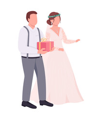 Newlyweds with gifts semi flat color vector characters. Standing figures. Full body people on white. Wedding reception isolated modern cartoon style illustration for graphic design and animation