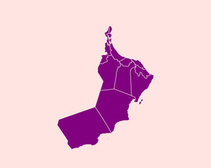 Modern Velvet Violet Color High Detailed Border Map Of Oman, Isolated on Pink Background Vector Illustration