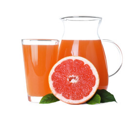 Tasty freshly made grapefruit juice and fruit on white background