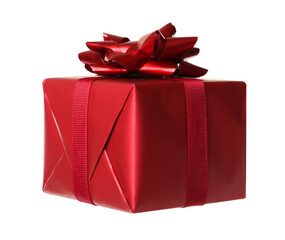 Red gift box with bow isolated on white