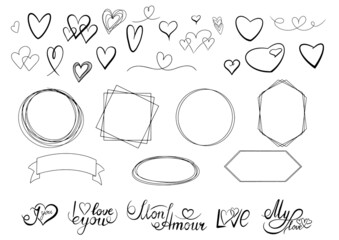 set of hand drawn sketch elements for valentine day