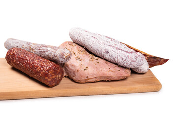 Various of meat, smoked meat, sausage, salami isolated on a white.