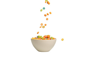 Colorful cereal box for morning breakfast. Corn flakes falling to the white bowl. Motion.