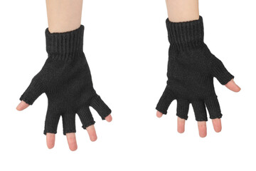 Woman hands in warm gloves isolated on white background.