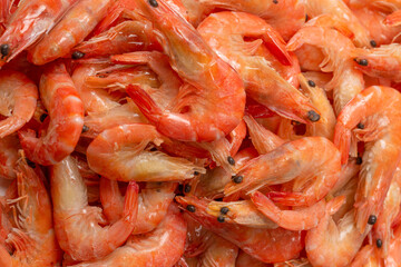 Shrimps background texture. A lot of shrimps. Cooked shrimps.