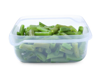 Fresh green beans in plastic container isolated on white