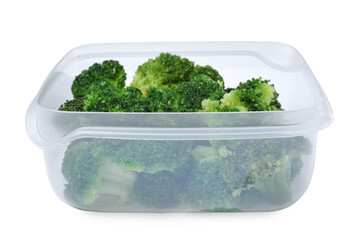 Fresh broccoli in plastic container isolated on white