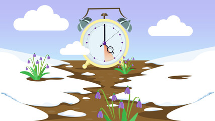 Daylight saving time banner. Clocks move forward. Squill flowers blossom and melting snow. Spring clock change concept.