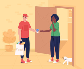 Groceries delivery flat color vector illustration. Food shipping. Courier man with customer at home entrance 2D cartoon characters with apartment building corridor interior on background