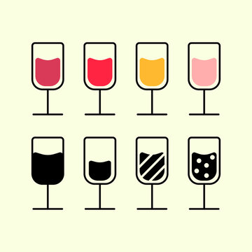 Wine types icon set. Red, white and rose wine glasses. Vector