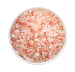 Pink Himalayan salt in bowl isolated on white, top view