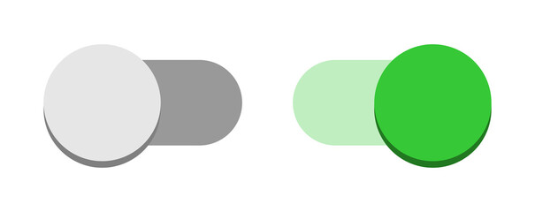 On Off Green Switch Button Toggle Slider Icon Set. Vector Image.