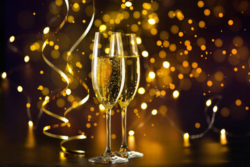 Fototapeta Two champagne glasses on a dark background with Christmas lights obraz