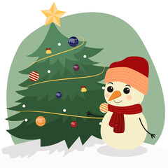 Decorated christmas tree and snowman with star, lights, decoration balls and lamps.