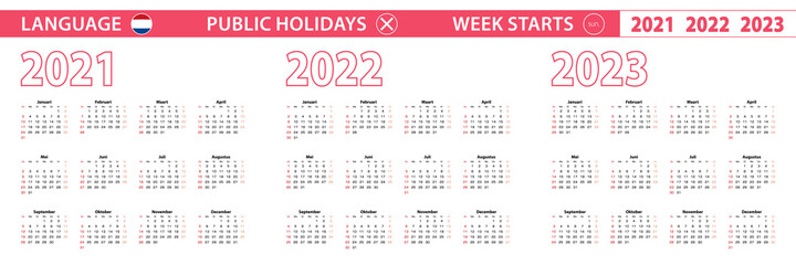 2021, 2022, 2023 year vector calendar in Dutch language, week starts on Sunday.