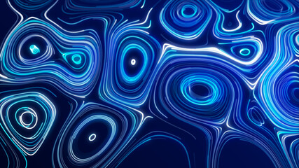 A flow of smooth swirling vortices. Glowing coils of turbulence on a blue background. Abstract digital wave. Big data sound visualization. 3D rendering.