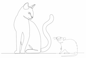 cat and mouse, drawing by one continuous line, sketch, vector