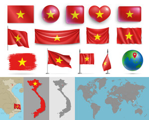 Vietnam flags of various shapes and country map set. Realistic Vietnamese waving flags, glossy buttons in patriotic colors, highly detailed map and globe with location pin vector illustration