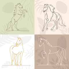 horse one line drawing on abstract background, vector