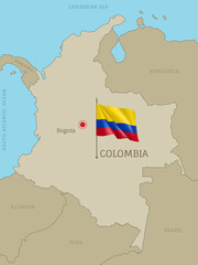 Highly detailed map of Colombia with national flag. Editable Columbian gray map with region borders, neighboring countries, waving flag and Bogota capital city vector illustration