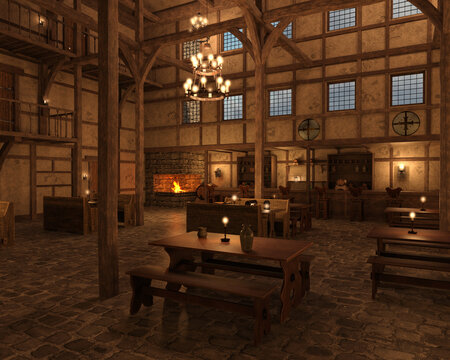 3d render of an ancient spacy medieval tavern