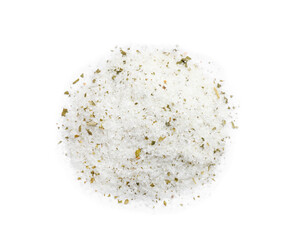 Heap of natural herb salt on white background, top view