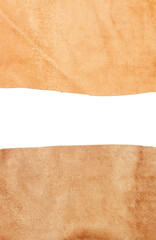 Two pieces of brown leather with a space for text