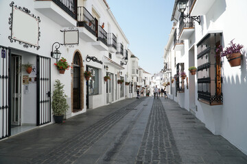 Village alley with white walls and stone street