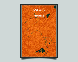 Paris city. Map of largest city in the world vector for wall decoration, banner, background, texture. Modern deep blue and orange color. Vector graphic eps 10