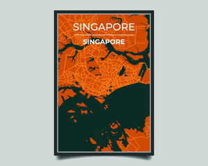 Singapore city. Map of largest city in the world vector for wall decoration, banner, background, texture. Modern deep blue and orange color. Vector graphic eps 10