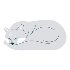 Vector illustration of cute sleeping grey cat. Cute cartoon kitten card, can be used as card, fashion print for pajamas or t shirt, good night, sweet dreams