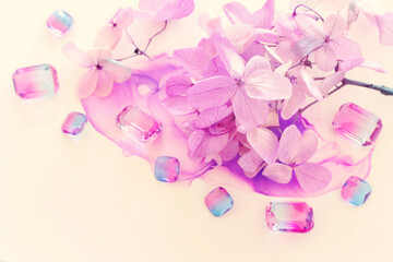 Creative image of pink and purple Hydrangea flowers on artistic ink background. Top view with copy space