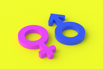 Relationship concept. Gender equality. Love between a man and a woman. Male and female sex signs. Gender symbol. 3d render