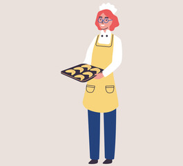 Family bakery concept with happy woman baker holding tray of croissants. Confectioner with bread and cooking tools. Happy girl in apron and hat, pastry-cook in uniform working in family bakery