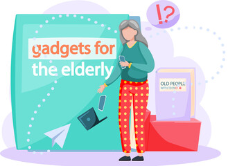 Old people with technology, woman with phone learn to work with smartphone browsing internet. Grandparents use modern gadgets. Concept of remote work from home, distance courses for retired person