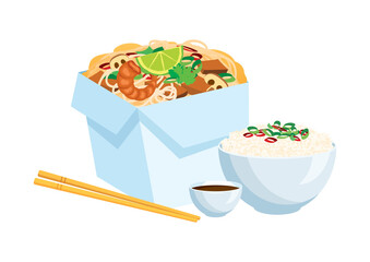 Asian food take out box with noodles and bowl of rice icon vector. Delicious asian food design element isolated on a white background. Chinese restaurant take out box with chopsticks vector