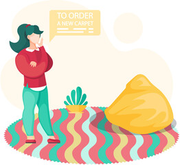 Concept of choosing new rug. Buyer orders carpet from home textile store. Woman thought, stands at home in living room. Girl equips apartment, selects design for room, thinking about flooring