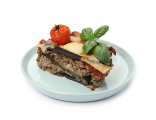 Plate of delicious eggplant lasagna isolated on white