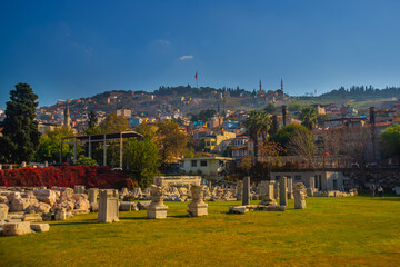 IZMIR, TURKEY: View of the ancient ruins of the Agora and the old town and fortress in Izmir.