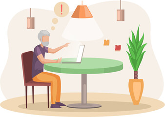 Retired man sitting with computer at home exclaims. Dealing with technology, using modern gadgets concept. Senior male character, elderly person watching video, chatting, working with laptop