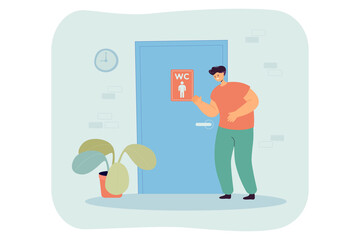 Man having stomachache and diarrhea waiting at toilet door. Male character standing near bathroom and wanting to pee flat vector illustration. Physical need, disease, health concept - obrazy, fototapety, plakaty