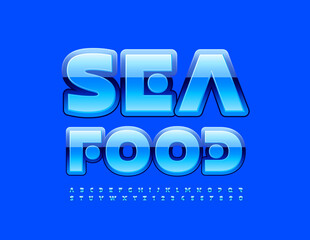 Vector blue emblem Seafood for Cafe, Store, Restaurant. Glossy bright Font. Abstract style modern Alphabet Letters and Numbers set