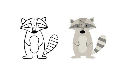 Hand-drawn raccoon. Vector Illustration. Contour and color version.