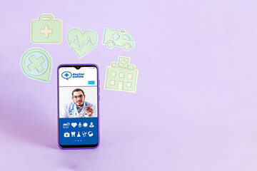 Doctor online concept. Icon Doctor through the phone screen. Online medical clinic communication with patient.