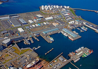 Aerial view of the main industrial port of Reykjavik, Iceland
